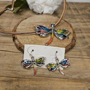 Fashion Enamel multicolor Dragonfly Necklace and matching Earrings